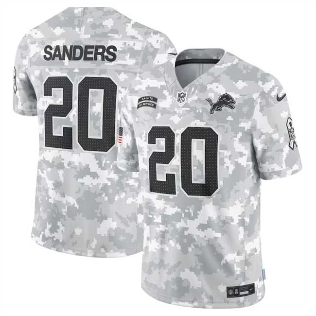 Mens Detroit Lions #20 Barry Sanders 2024 Arctic Camo Salute To Service Limited Stitched Jersey Dyin